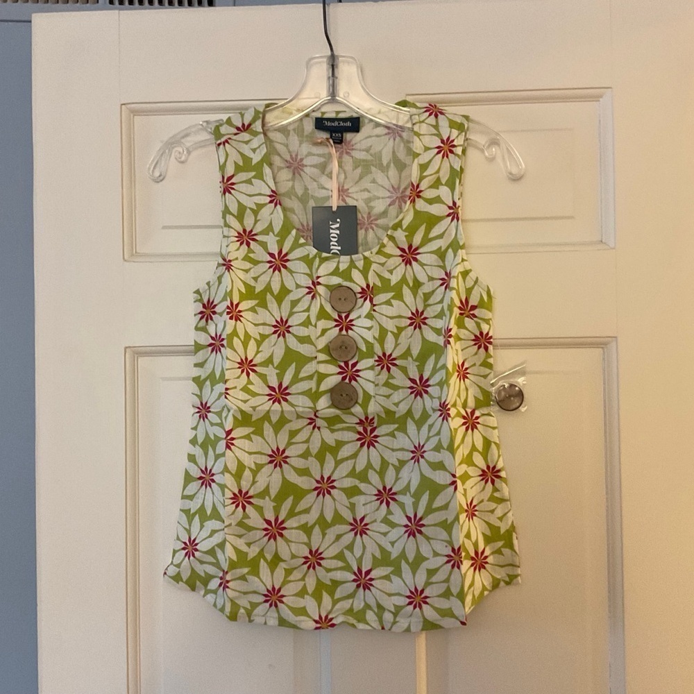 Modcloth Love of Buttons Sleeveless Top Retro Tank Green Floral Size XXS NWT